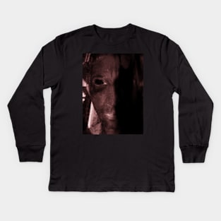 Portrait, digital collage, special processing. Scary face of man. Maniac. Desaturated red. Kids Long Sleeve T-Shirt